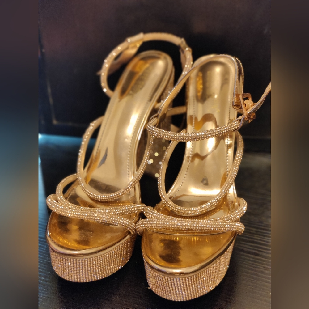 Gold Rhinestone Embellished Chunky Platform High Heels